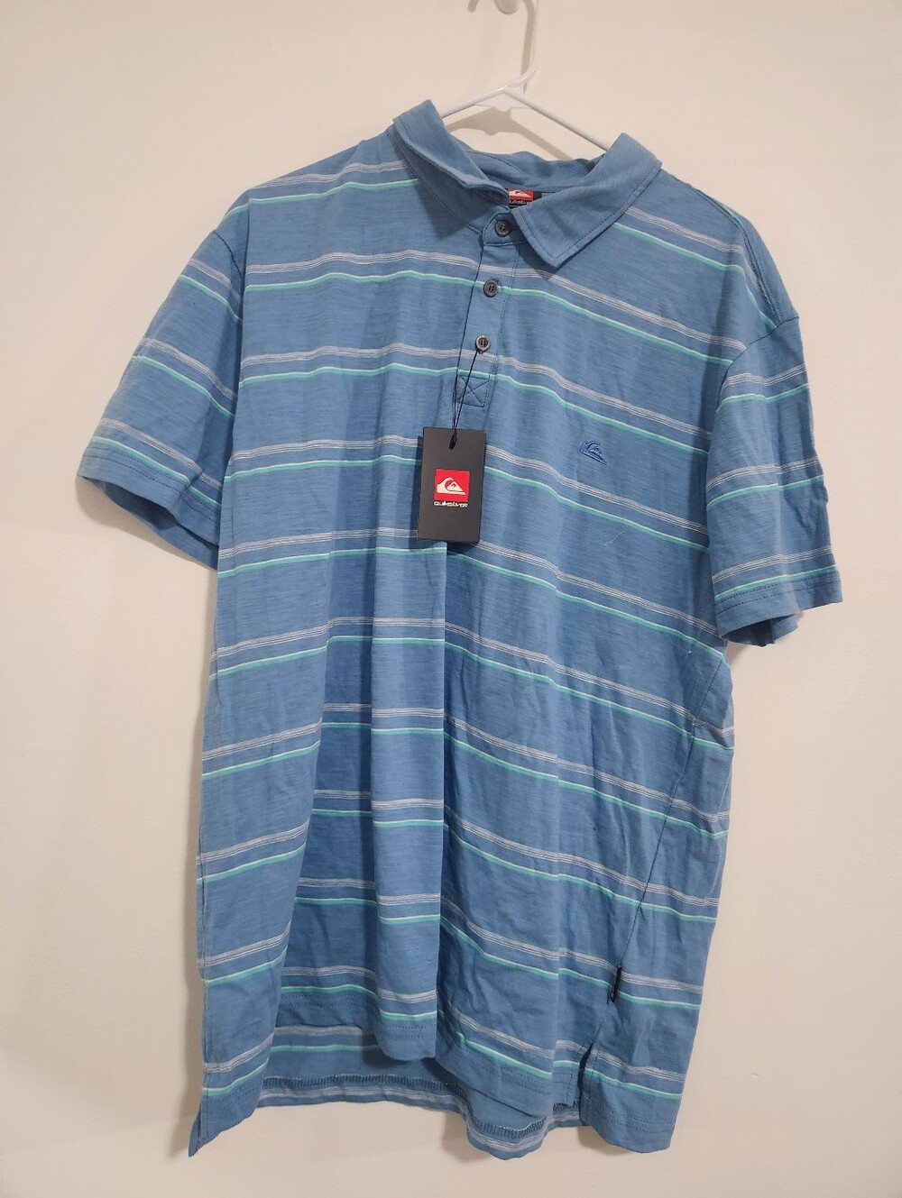 Quiksilver Men's Blue/Green Stripe Polo - Size Large, NWT